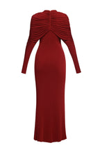 bonnie long sleeve pleated knot bodycon maxi dress in red