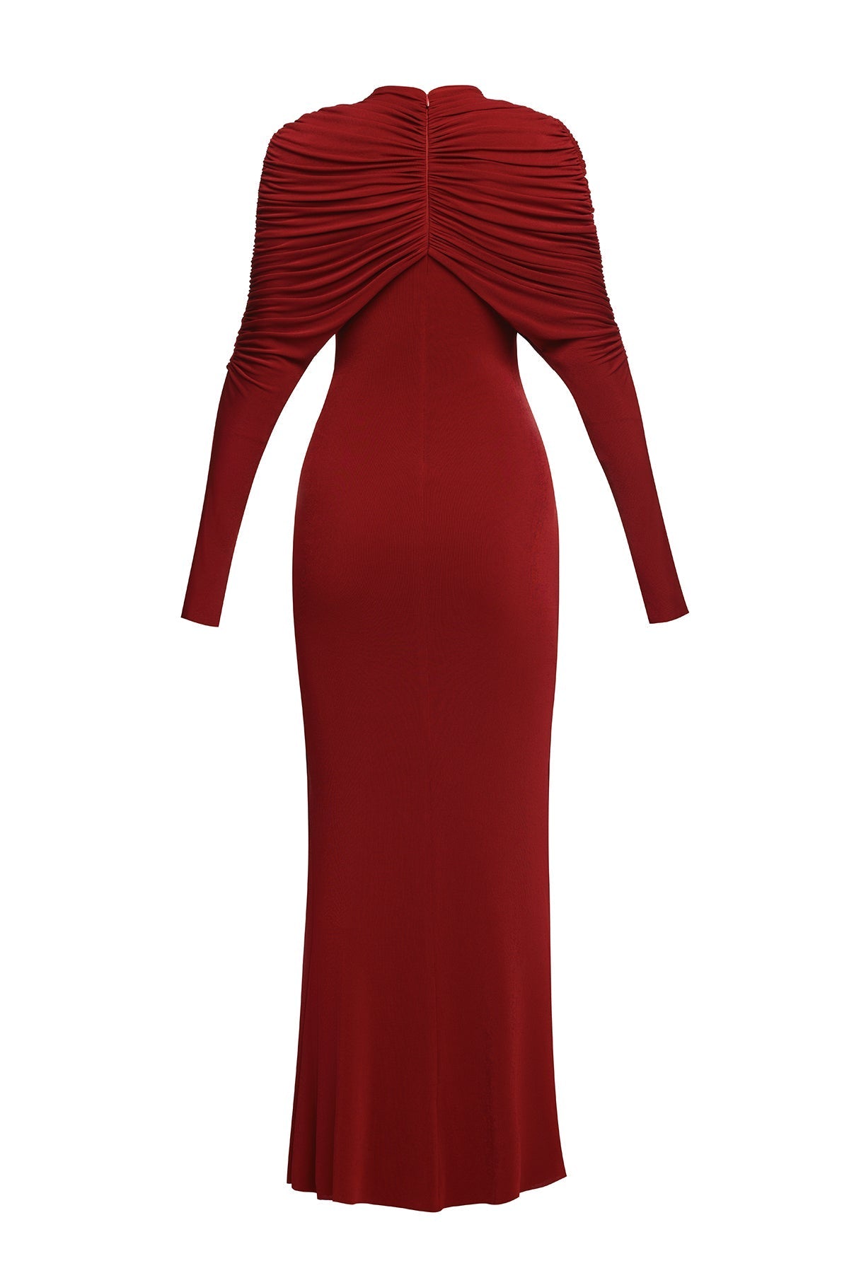 bonnie long sleeve pleated knot bodycon maxi dress in red