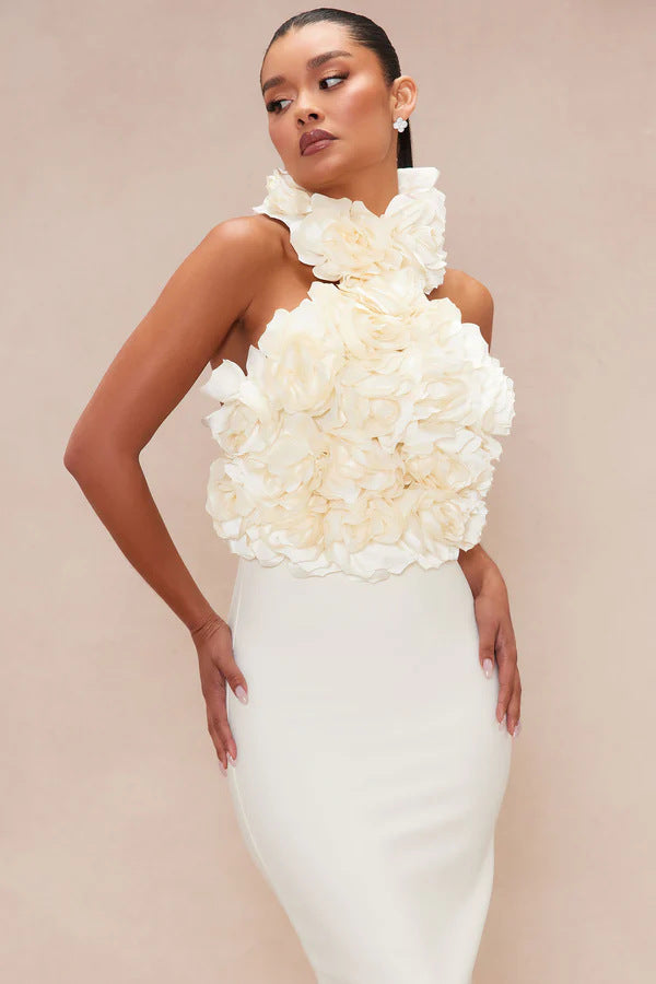 Flowering Girl Women flower bandage midi dress in white
