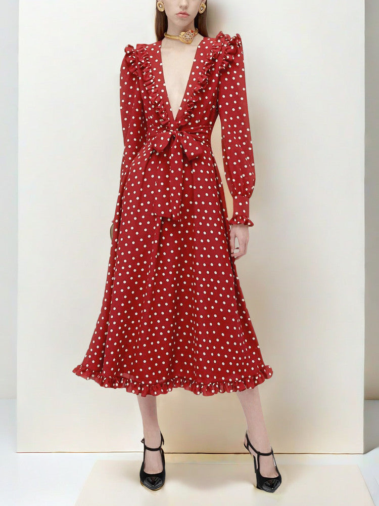 Red Long Sleeve Polka Dot Midi Dress