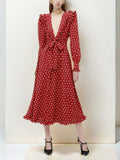 Red Long Sleeve Polka Dot Midi Dress