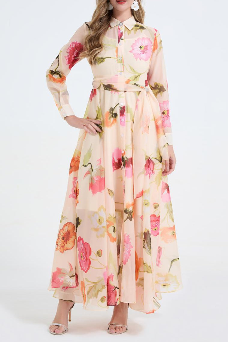 Dolores Colorful Floral Print Shirt Collar Maxi Dress