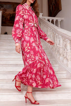 Flowering Girl Women Phoenix Red Floral Print Maxi Dress With Belt