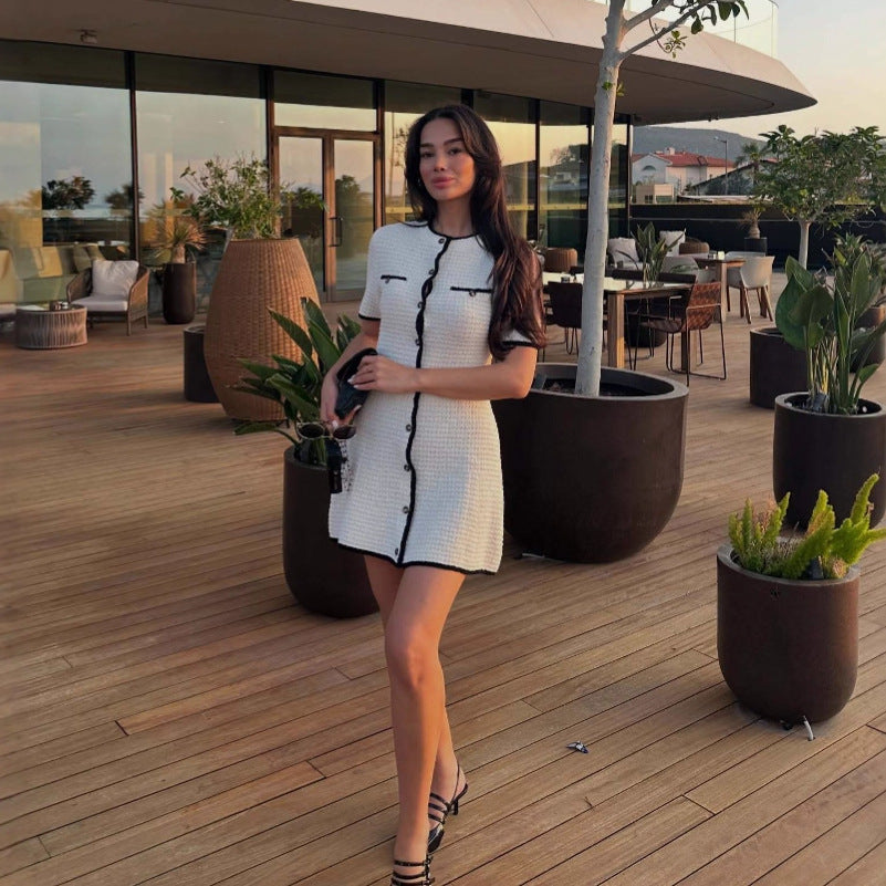 Flowering Girl Women white knitted short-sleeved button-down mini dress