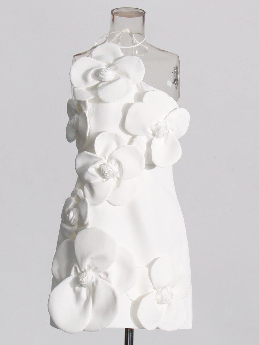 Flowering Girl Women Emily Flower Halter Neck Mini Dress In White
