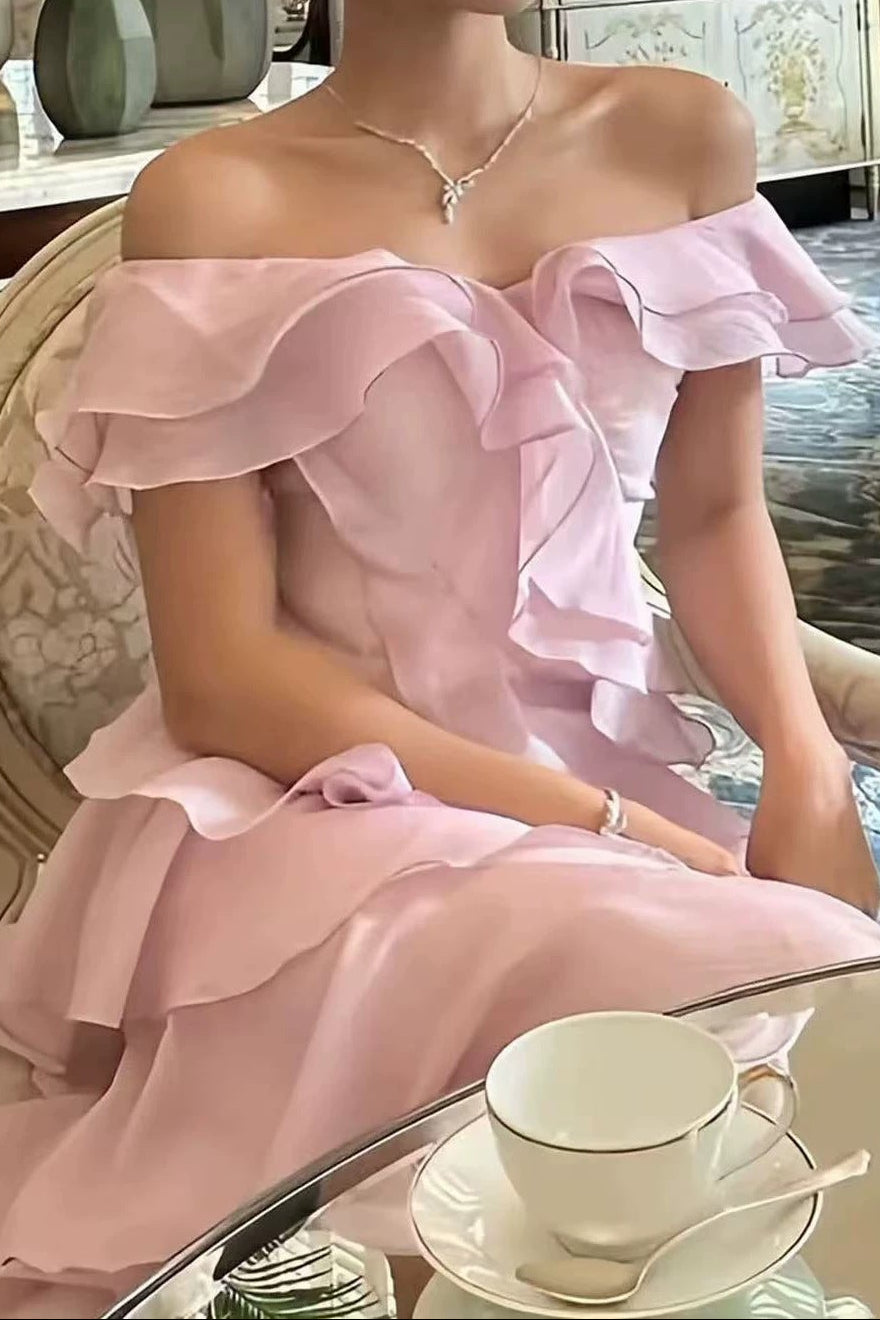 Off Shoulder Ruffled Layer Chiffon Maxi Evening Dress