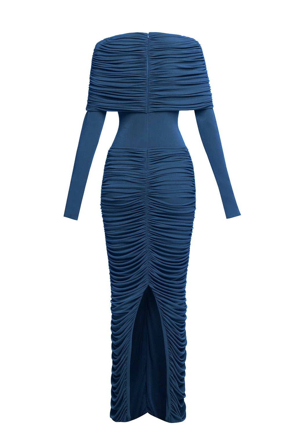 alice navy pleated Form-fitting maxi dress with asymmetrical draped shoulder