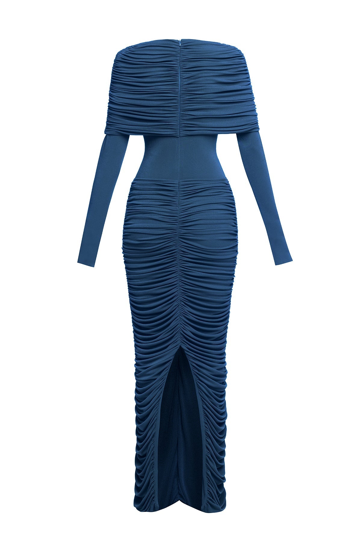 alice navy pleated Form-fitting maxi dress with asymmetrical draped shoulder