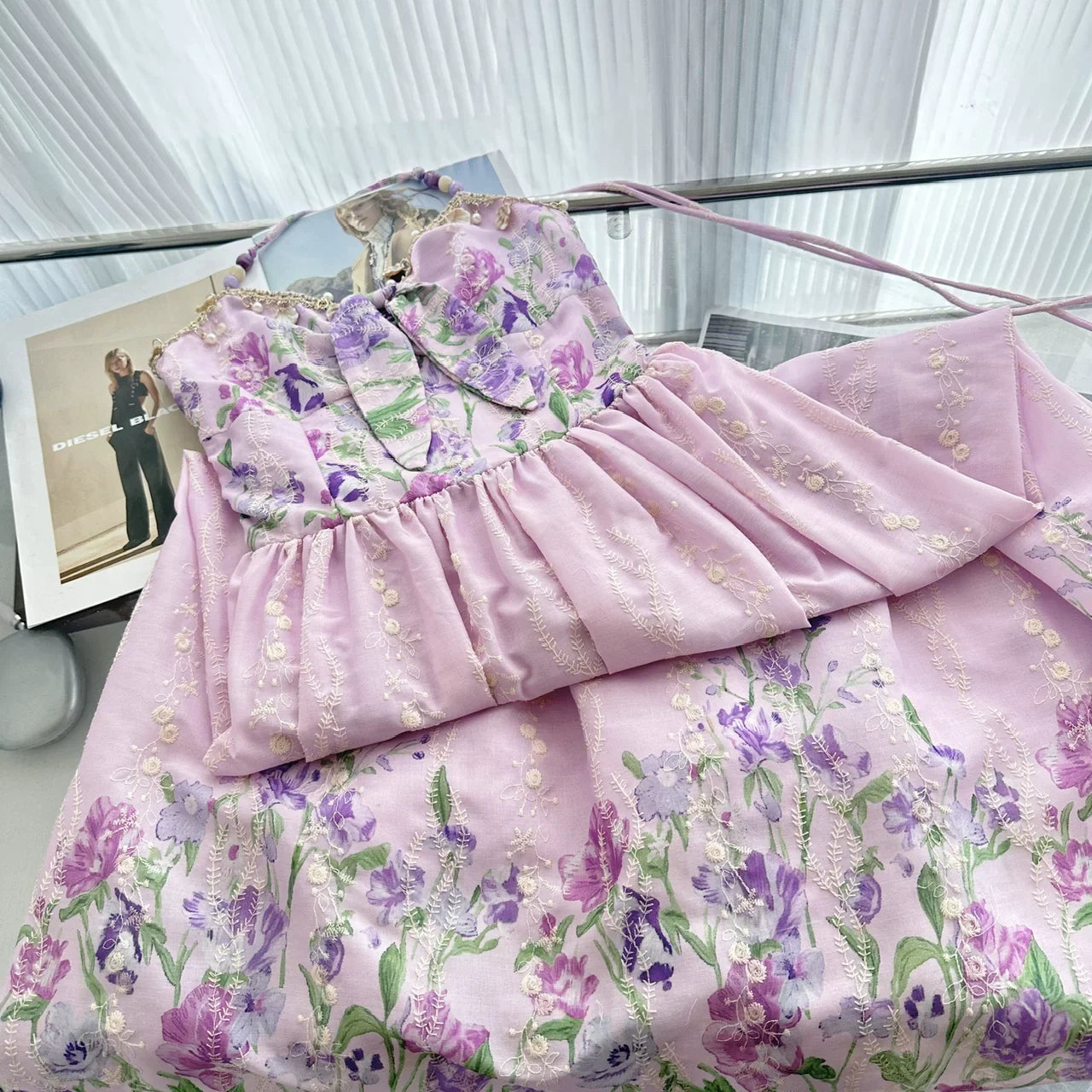 Flowering Girl Women Halter Spaghetti Strap Bow Front Floral Embroidery Midi Dress