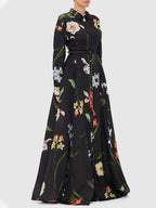 Black Floral Print Belted Shirt Maxi Dress With Slit