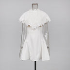 vanessa White mini dress with embroidered lace cape