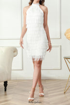 Flowering Girl Women vanessa Halter Sleeveless Tassel Bandage Mini Dress in white