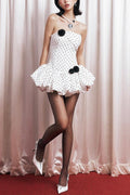 Flowering Girl Women Polka Dot Strapless Flower Corset Puff Mini Dress In White