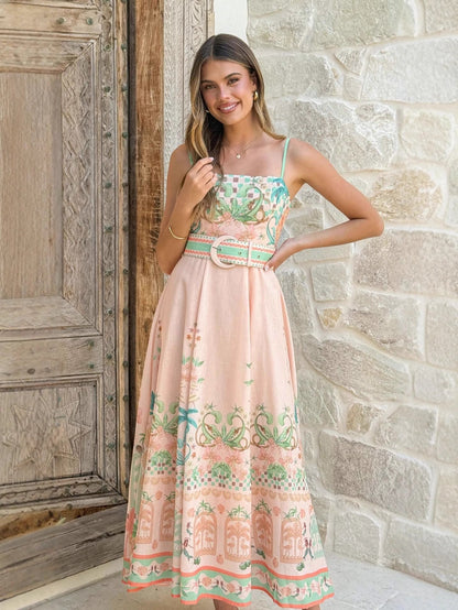 pink large swing floral linen sleeveless slip dress
