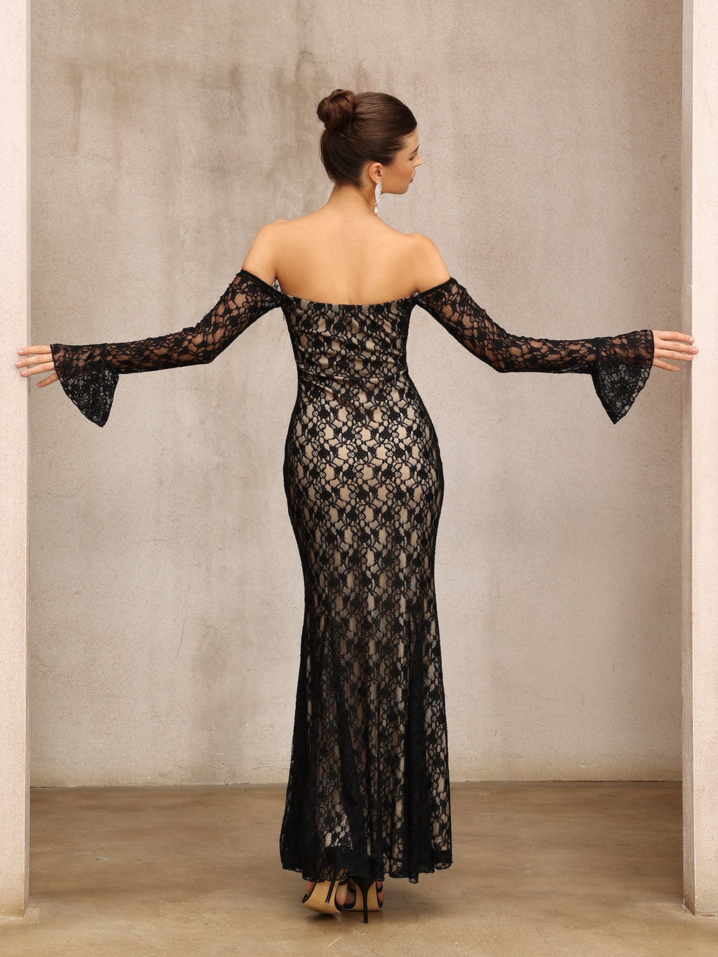 Flowering Girl Women Anna One-Shoulder Lace Long Sleeves Maxi Dress In Black