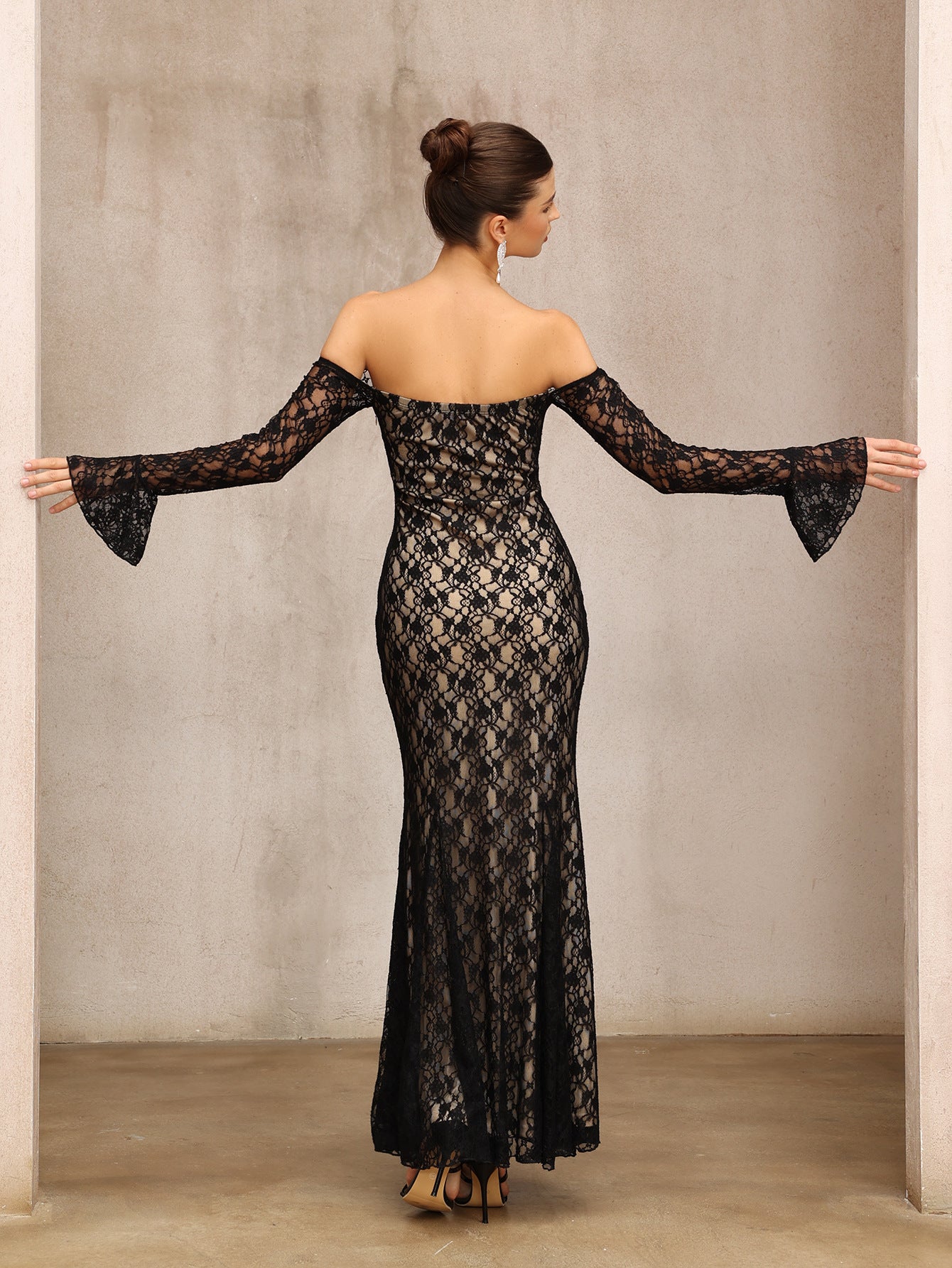 Flowering Girl Women Anna One-Shoulder Lace Long Sleeves Maxi Dress In Black