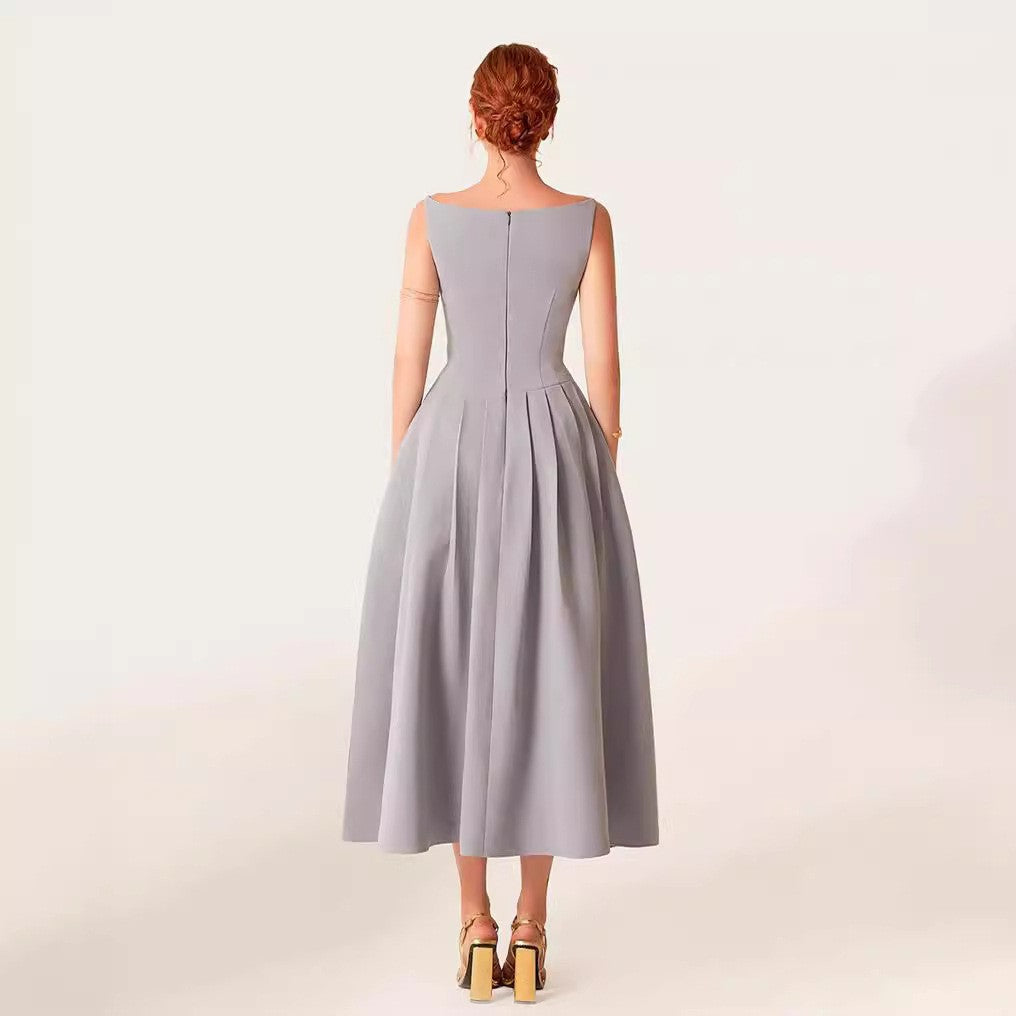 Flowering Girl Women Sleeveless Pleated Slit Midi Dress In Gray
