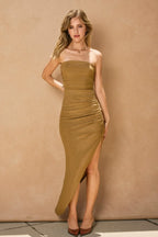 Flowering Girl Women gold off shoulder slits midi dress