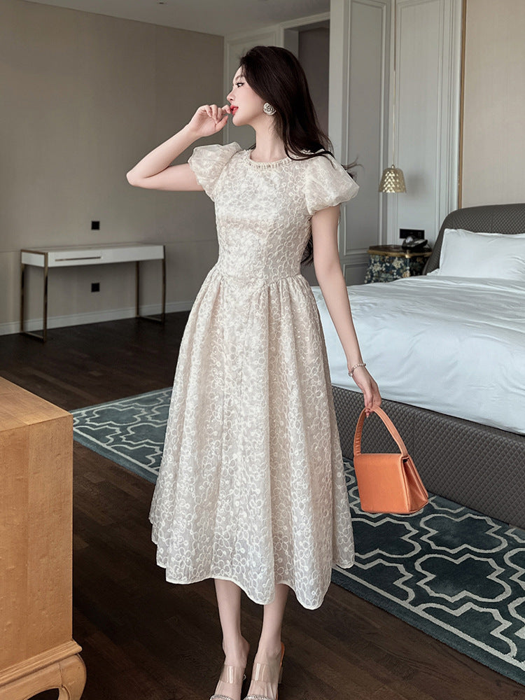 Flowering Girl Women pearl neck Puff sleeve flared lace maxi dress - apricot