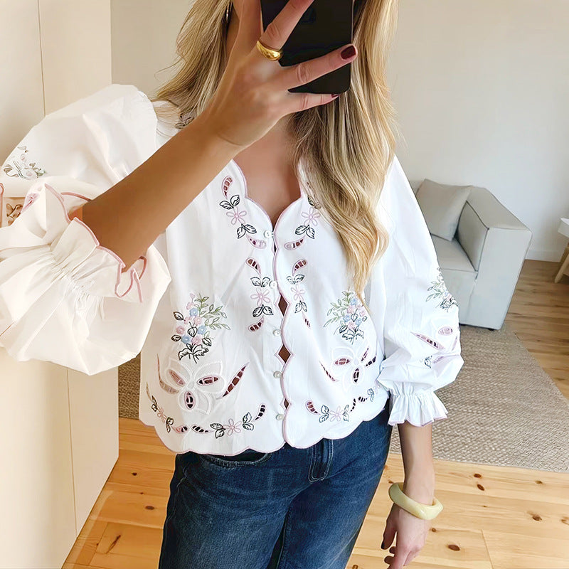 Openwork Embroidered V-Neck Closed Flared Sleeve Shirt