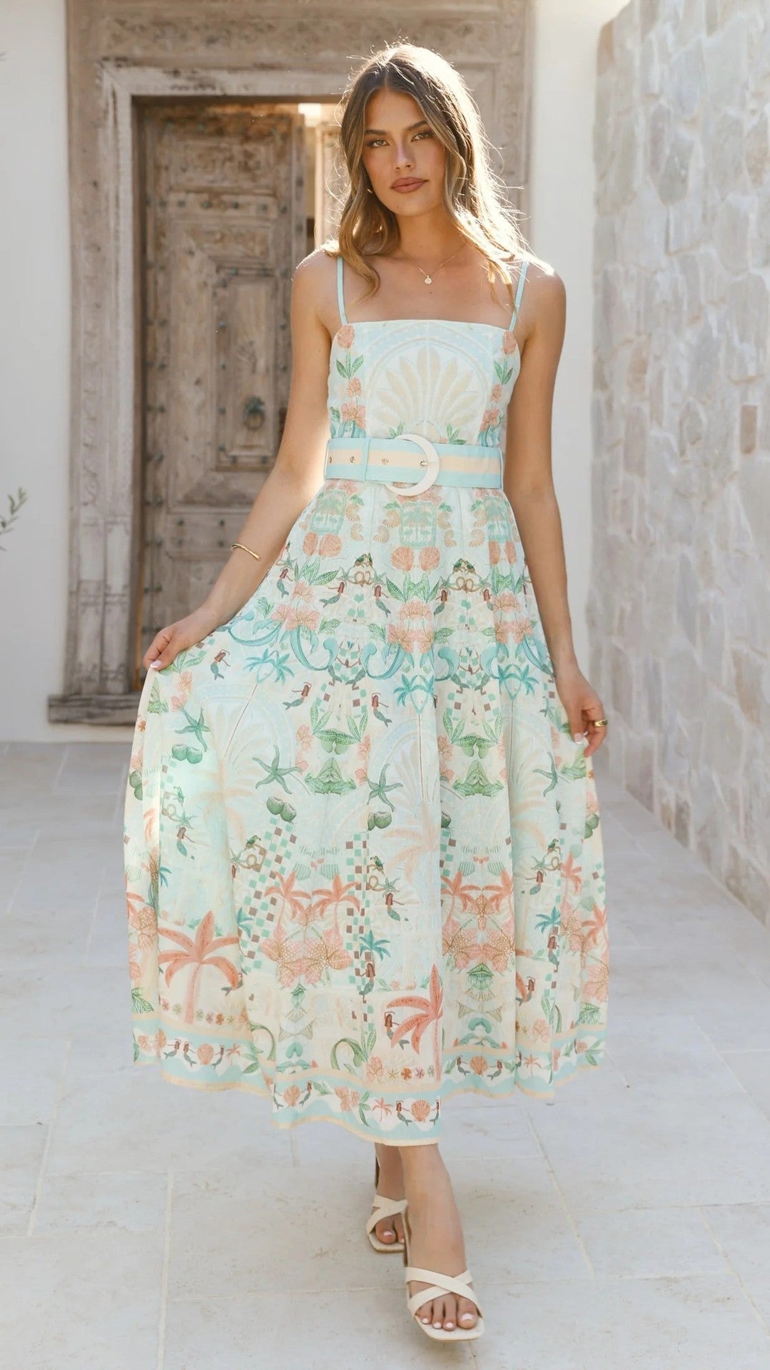 green large swing floral linen sleeveless slip dress