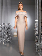 belen Pearl Beaded strapless maxi Bandage Dress in apricot