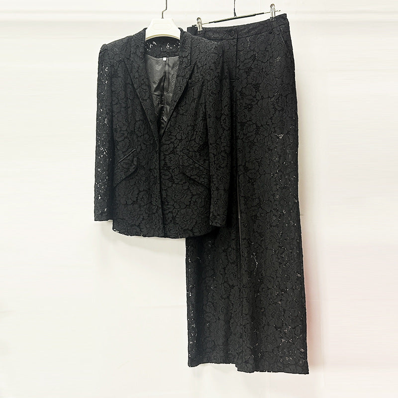 Flowering Girl Women Elvira v-Neck Lace Blazer Set In Black