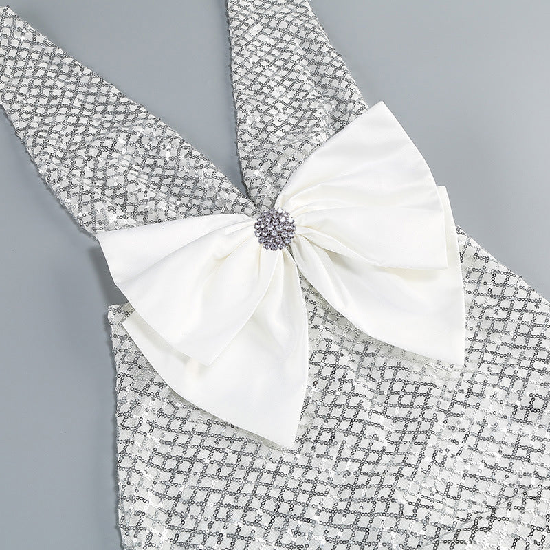 rebecca bow sequin embellished v neck maxi dress in silver
