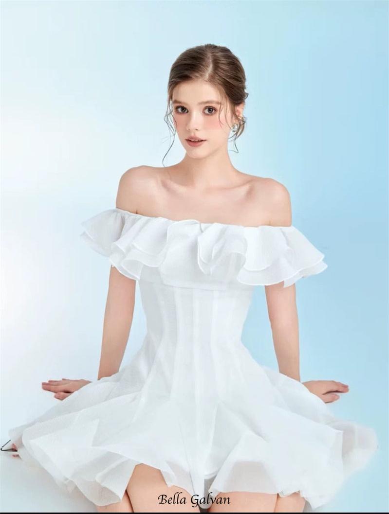 Flowering Girl Women stephanie off-shoulder ruffle trim mini dress in white