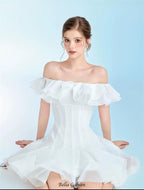 Flowering Girl Women stephanie off-shoulder ruffle trim mini dress in white