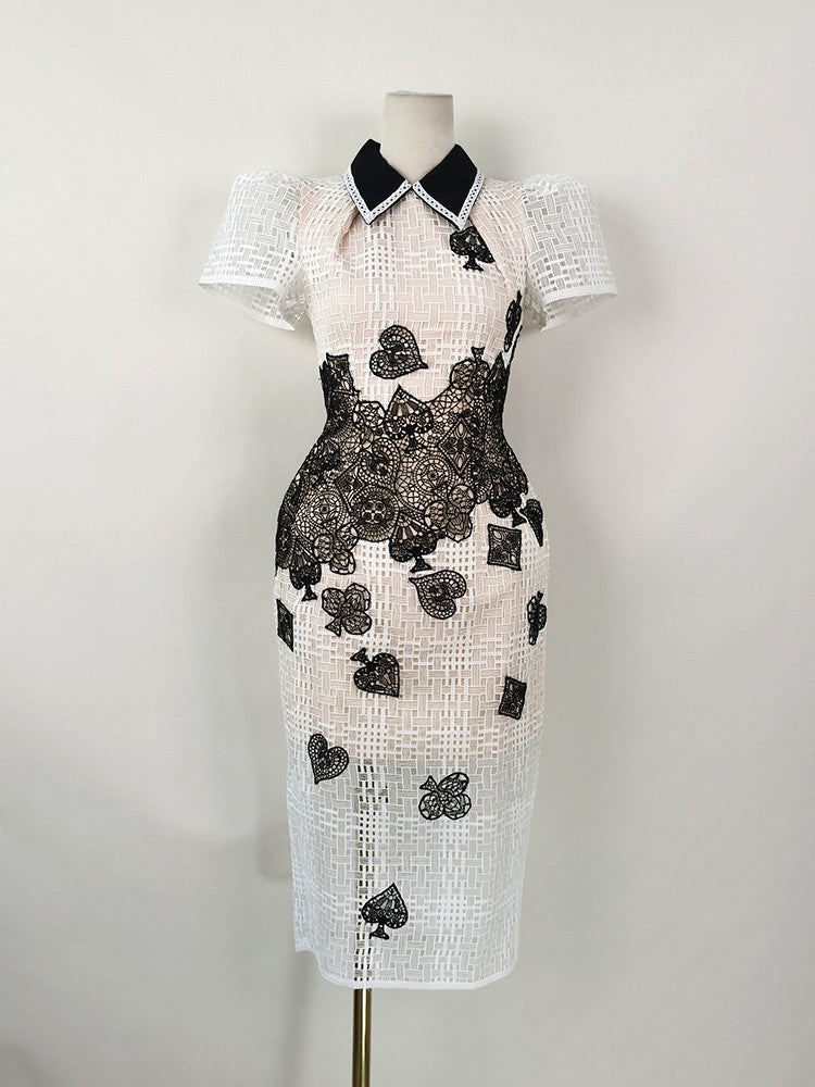 Flowering Girl Women Poker Patterns embellished midi dress in white