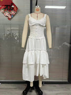 white renee Corset Tiered Midi Dress With Lace-Trim