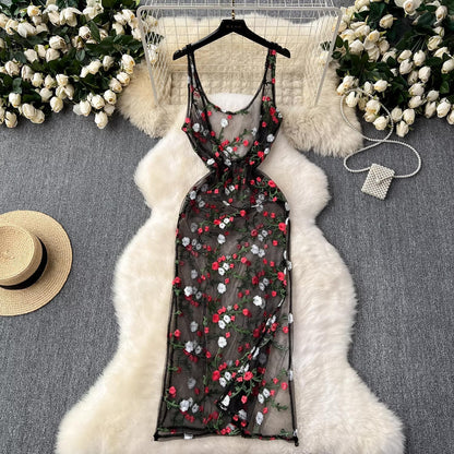 sleeveless embroidery lace mesh midi dress