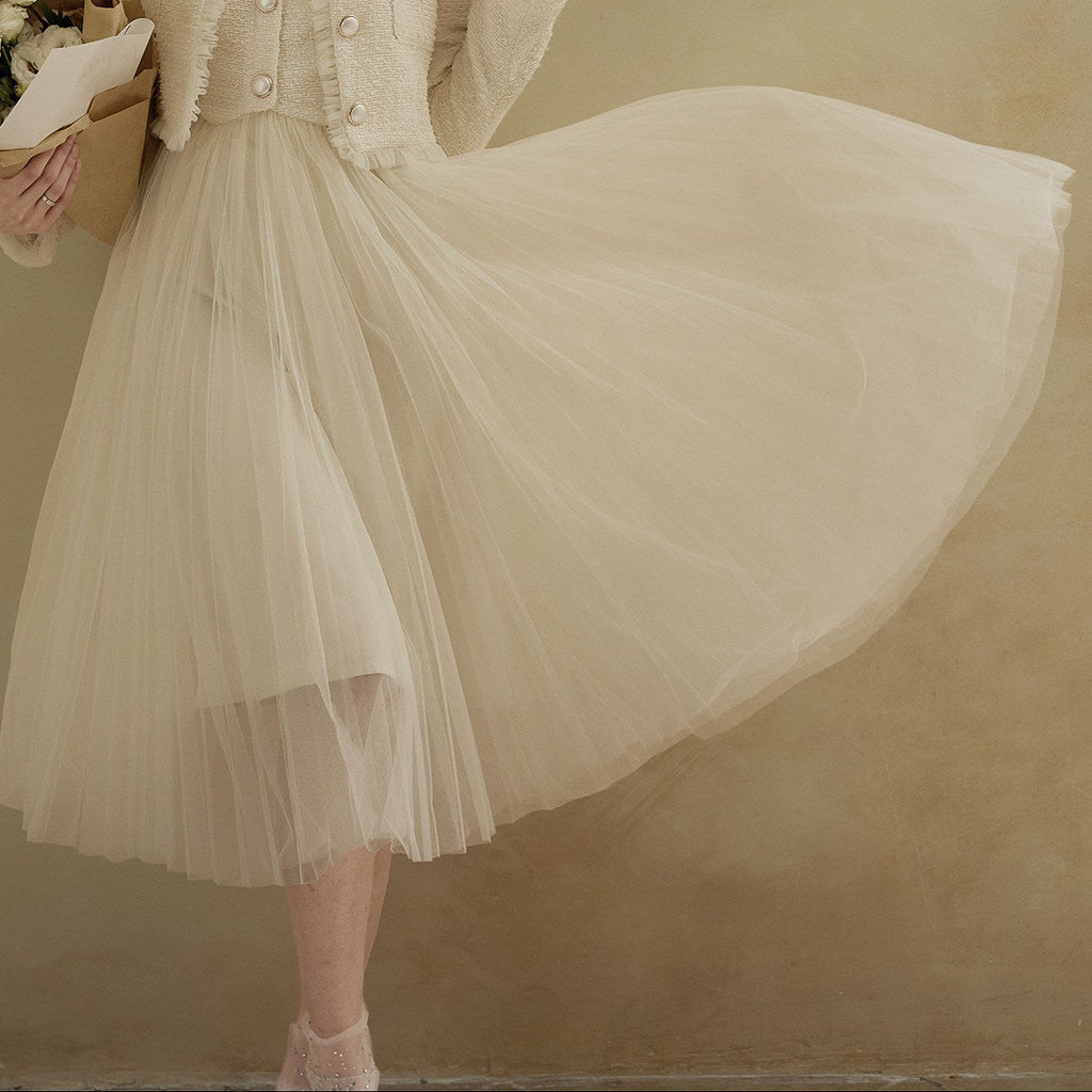 Beige Sleeveless Tulle Midi Dress