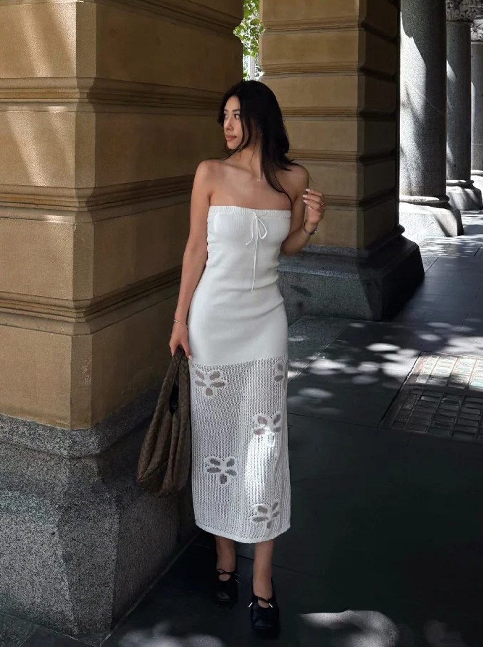White Strapless Knit Maxi Dress With Butterfly Crochet Hem