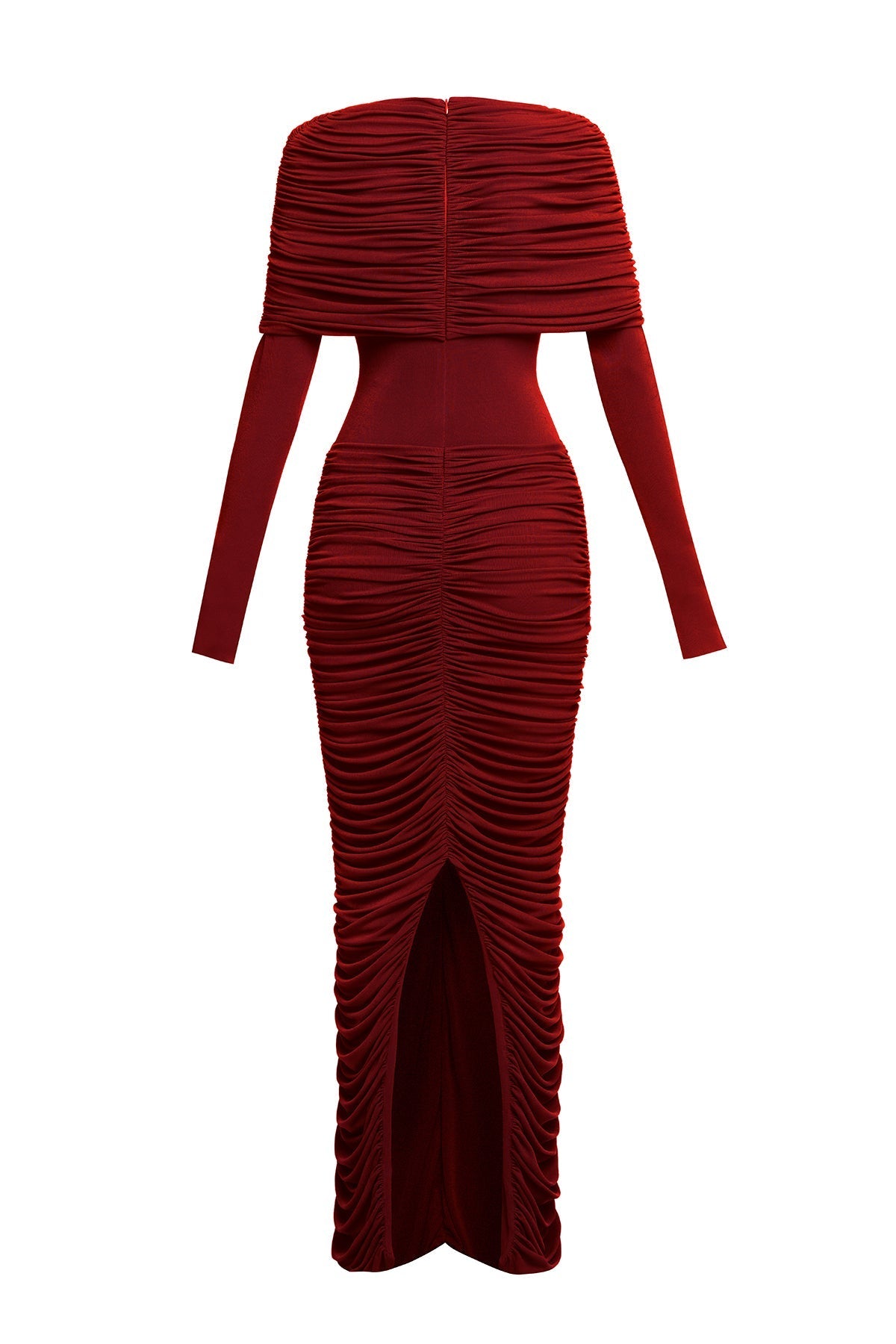 alice red pleated Form-fitting maxi dress with asymmetrical draped shoulder