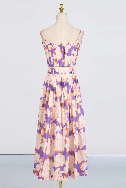 Flowering Girl Women Pleated Floral-Print Linen Bustier Top Skirt Set In Blue