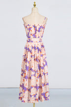 Flowering Girl Women Pleated Floral-Print Linen Bustier Top Skirt Set In Blue
