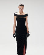 lola black Off-shoulder asymmetrical-draped high slit maxi dress