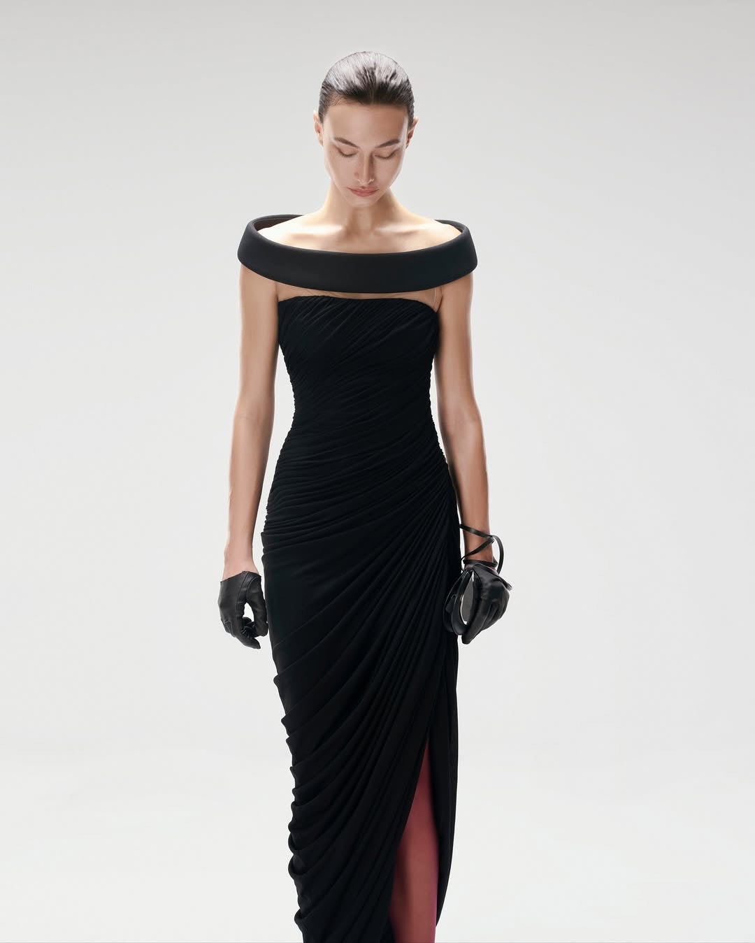 lola black Off-shoulder asymmetrical-draped high slit maxi dress