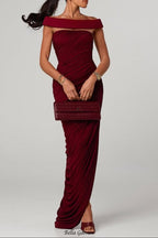 lola burgundy Off-shoulder asymmetrical-draped high slit maxi dress