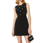 Scalloped Neck Heart Stud Sleeveless Black Mini Dress