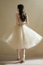 Beige Sleeveless Tulle Midi Dress