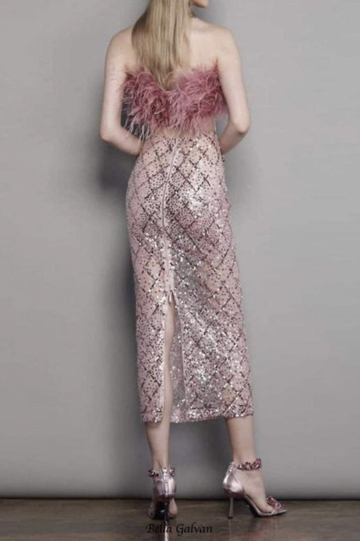 audrey pink feather top sequin Midi Skirt set
