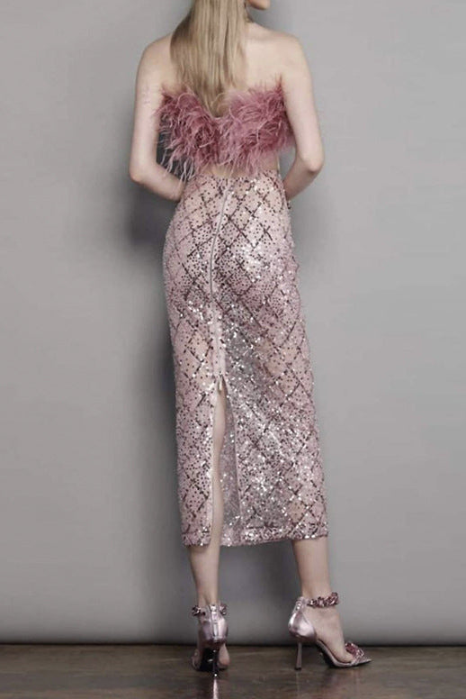 Audrey Pink Feather Top Sequin Midi Skirt Set