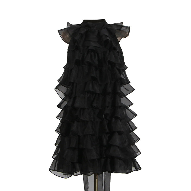 Poppy Ruffle Silk Organza Sleeveless Mini Dress In Black