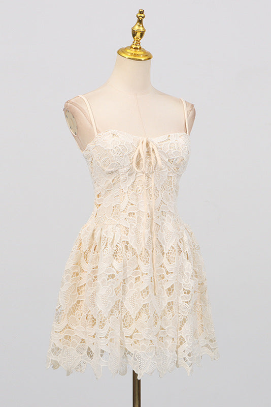 Flowering Girl Women Lace Hollow Sleeveless Mini Dress In Yellow