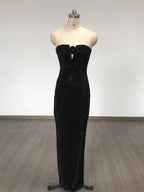 Flowering Girl Women Strapless Rhinestone rose maxi dress in black