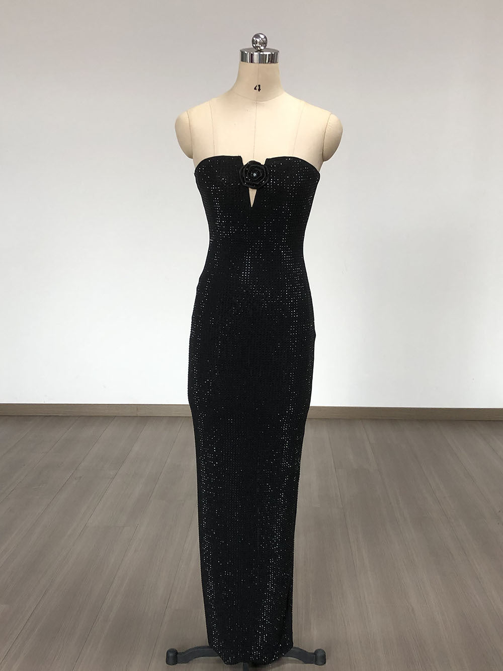 Flowering Girl Women Strapless Rhinestone rose maxi dress in black