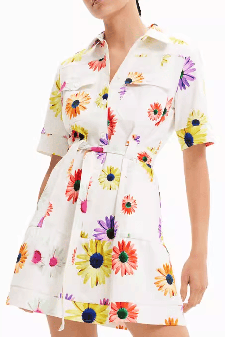 White Multicolor Daisy Print Shirt Dress with Belt